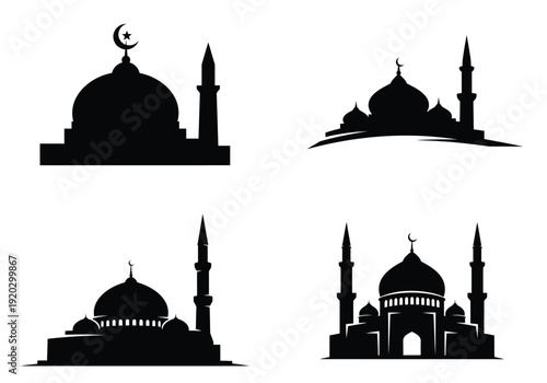 Minimalist mosque silhouettes with crescent moon symbols for islamic holiday greeting cards