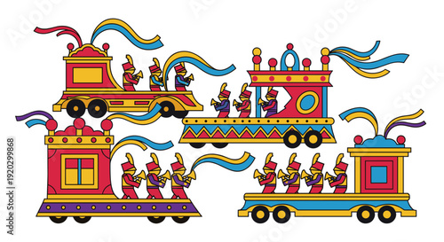 Vibrant Cultural Procession Train with Colorful Floats and Dancing Figures Passing Through a Festive Landscape