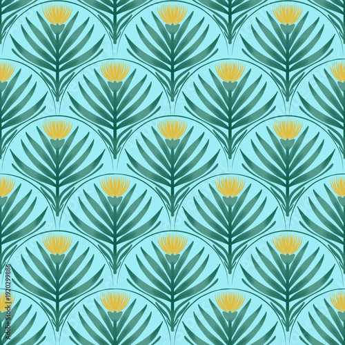 Art deco style seamless pattern with geometric florals and scallops. Decorative design for wallpaper, fabric, and wrapping paper.