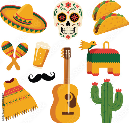 Mexican culture vector illustration, sombrero sugar skull tacos maracas beer mustache poncho guitar piñata cactus, festive traditional holiday celebration design