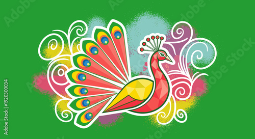 Vibrant peacock illustration with intricate details and swirling patterns on a green background viewed from the side