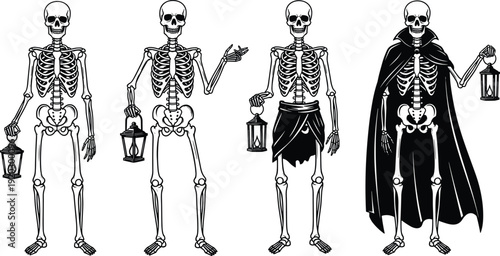 Black and white vector illustration set of human skeletons holding lanterns in various poses with a caped vampire skeleton for Halloween and horror branding