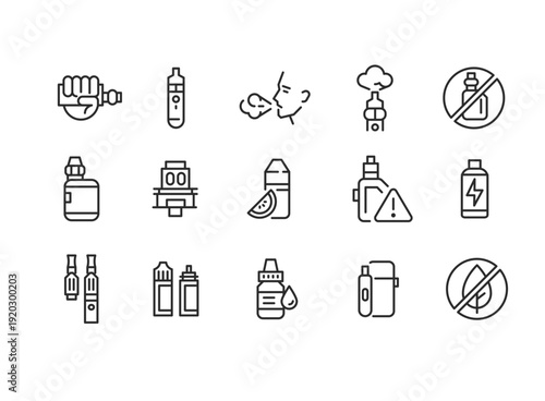 Electronic Cigarette Icons: A comprehensive set of line icons illustrating various aspects of electronic cigarettes, perfect for vaping-related concepts. 