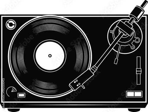 Black and white vector silhouette of a classic vintage vinyl record player turntable with tonearm and platter for retro music audio and dj equipment branding