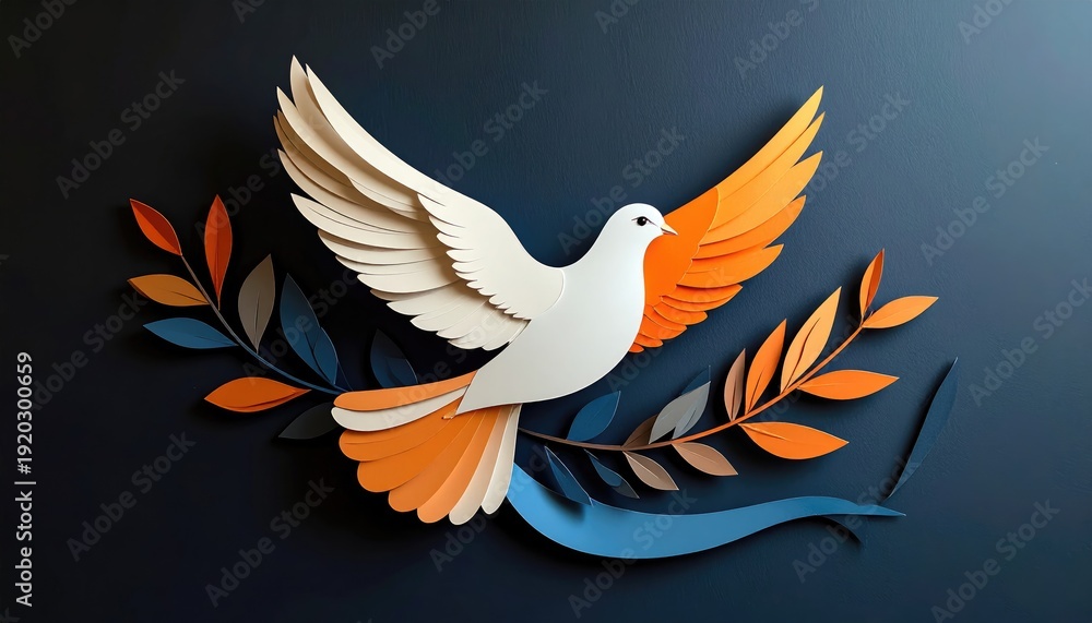 Fototapeta premium Stylized white dove with orange wings carrying olive branch symbolizing peace and hope.