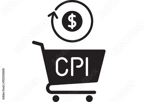 Shopping cart CPI icon with dollar sign and circular arrow, minimalist black glyph symbol for inflation rate, consumer price index, ecommerce analytics and finance reports