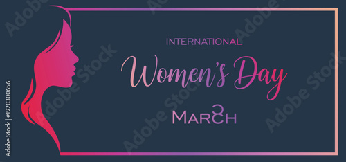 International women's day silhouette graphic with pink female profile on dark blue background
