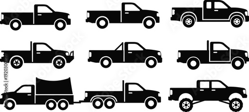 Silhouette of various pickup trucks and a truck with trailer in different poses on white background