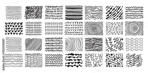 Hand drawn crosshatch line drawing set. Different pen scratch. Doodle isolated vector. 