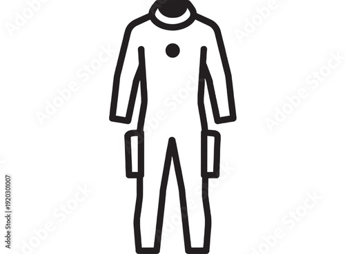 Coveralls workwear icon with long sleeves and utility pockets, minimal black outline pictogram of protective jumpsuit uniform for industrial labor safety signage