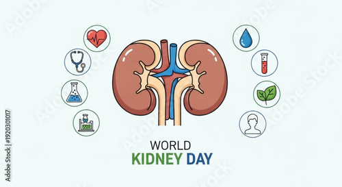 Illustration of human kidneys with medical icons for World Kidney Day awareness campaign