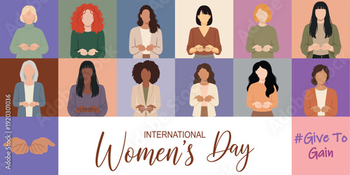 International women's day poster with diverse women silhouettes in various colors and backgrounds