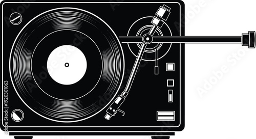 Black and white vector silhouette of a vintage vinyl record player turntable with tonearm for music lovers audio equipment and retro dj branding
