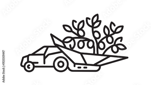 Tow truck flatbed carrying logs and tree branches in bold black outline, simple linear icon isolated on white, forestry transport and hauling concept illustration