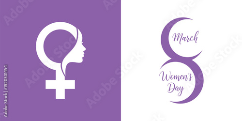 International women's day logo and symbol on purple and white backgrounds for march 8th celebrations and events