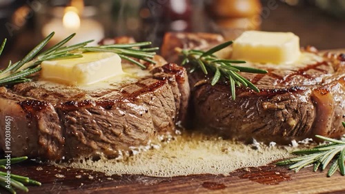 Two juicy ribeye steaks sizzling with melting butter and fresh rosemary on