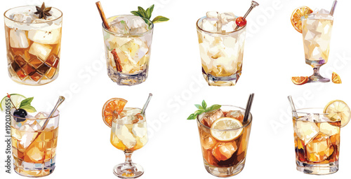 Watercolor White Russian Cocktail Clipart Set
