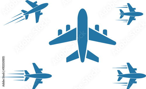 Airplane silhouettes set with passenger jet in top view and flying aircraft icons, aviation travel transport vector illustration isolated on white background