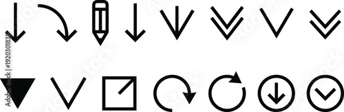 Arrow and Download Icon Set – Down Arrows, Refresh, Reload and Interface Navigation Symbols in Black Outline Style for Web and App Design