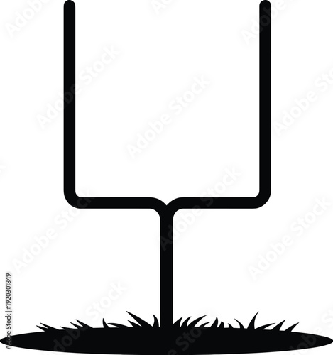 American football goal post silhouette on field grass, minimal black outline sports equipment icon isolated on white background vector illustration