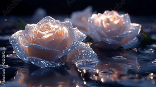 Glistening white roses with dewdrops on water surface at night