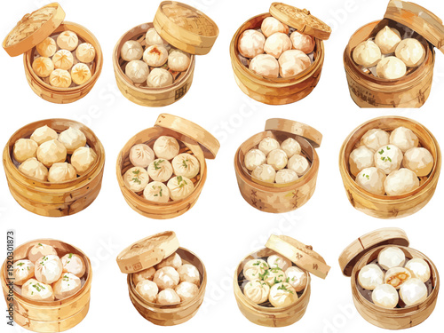 Watercolor Dim Sum and Xiao Long Bao in Bamboo Steamer Clipart