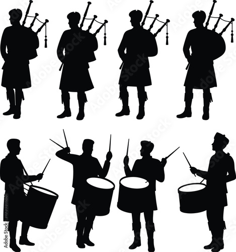 Bagpiper and drummer silhouettes set, traditional marching band musicians playing bagpipes and drums, Scottish parade performance black vector illustration isolated