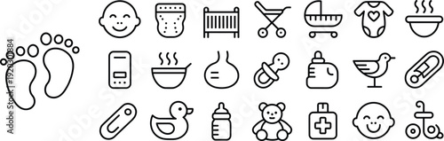 Baby Care and Newborn Icon Set – Infant, Stroller, Bottle, Pacifier and Nursery Line Icons in Black Outline Style for Parenting Design