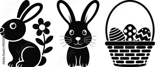 Easter bunny silhouettes set with rabbit, spring flower and basket of decorated eggs, holiday celebration black vector illustration isolated on white background