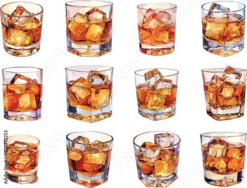 Watercolor Whiskey on the Rocks Clipart Set