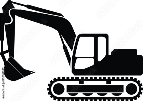 Excavator silhouette side view, construction digger machine with bucket on tracks, heavy equipment vehicle icon isolated black vector illustration