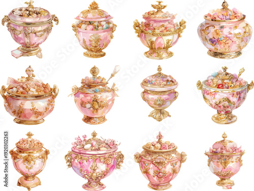 Watercolor Vintage Ornate Candy Jar and Jewelry Box Clipart