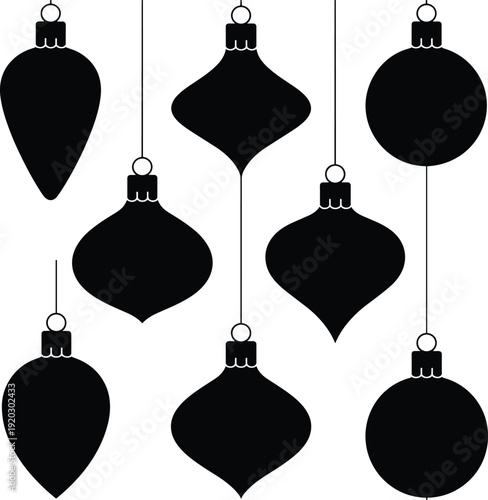 Hanging Christmas bauble silhouettes set, holiday tree ornaments collection with different shapes isolated on white background, black vector illustration for festive design