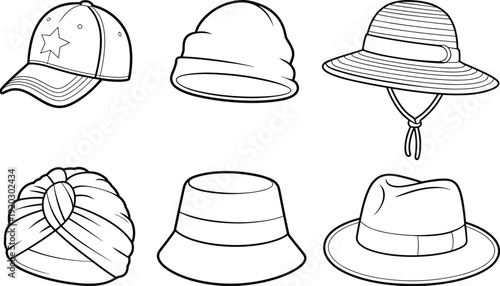 Hat collection line art set with baseball cap, beanie, sun hat, turban, bucket hat and fedora outline vector illustration isolated on white background