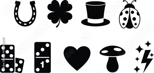 Luck Symbol Icon Set – Horseshoe, Four Leaf Clover, Top Hat, Ladybug, Domino, Heart, Mushroom and Lightning Bolt Black Silhouette Collection