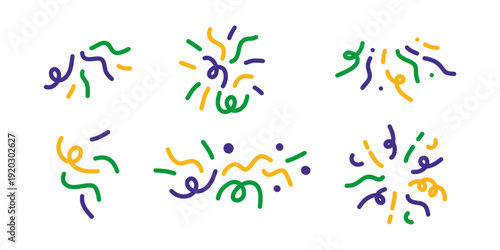 Set of Mardi Gras confetti and curly streamers in traditional purple, green, and gold colors. Festive explosion for carnival design. Mardi Gras doodle hand drawn carnival decorative elements set.