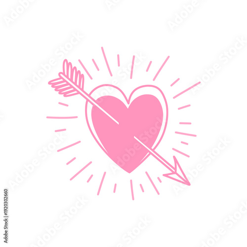Hand drawn pink heart with cupid's arrow and rays. Romantic doodle symbol for Valentines Day or wedding. Valentines Day decorative hand drawn heart, isolated on white background.