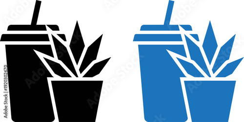 Minimalist Takeaway Coffee Cup and Potted Succulent Plant Icon Set