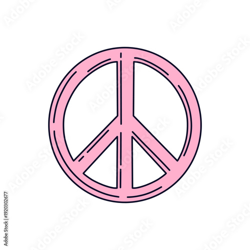 Hand drawn pink peace symbol with black outline. Hippie sign for social justice, harmony and freedom design. Pink Peace sign, icon, isolated on white background.