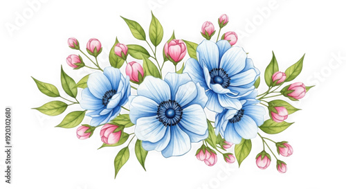 Beautiful watercolor flowers with pink and blue petals isolated on transparent background