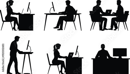 Office workers silhouettes set with people using computer at desk, teamwork and workplace business concept black vector illustration isolated on white background