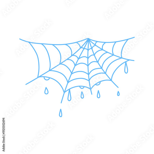 Blue hand drawn spider web with dew drops. Delicate spring or autumn cobweb doodle isolated on white. Halloween hand drawn decoration - spiderweb with drops of dew or rain.