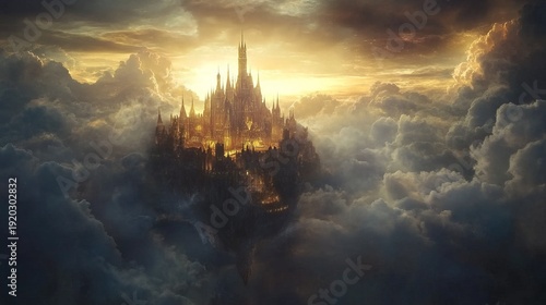 Majestic floating castle above clouds at sunrise with dramatic lighting
