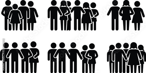 People Group Silhouette Icon Set – Family, Friends and Community Crowd Figures in Black Vector Style for Teamwork, Social and Population Concept Design