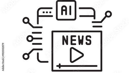 Icon AI news video player with play button and circuit lines, minimal outline symbol for artificial intelligence media, tech broadcast, digital update and streaming