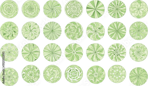green mandala pattern collection, circular abstract backgrounds, geometric floral ornaments, decorative radial designs, modern vector symmetry set