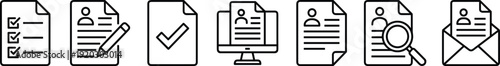 Resume and Document Icon Set – CV, Checklist, Profile, Search and Email Symbols in Black Line Style for Recruitment and Business Office Design
