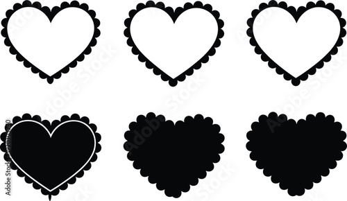 Scalloped Heart Frame Set – Decorative Love Heart Borders in Black and White Silhouette Style for Valentine, Wedding, Romantic and Invitation Design Elements