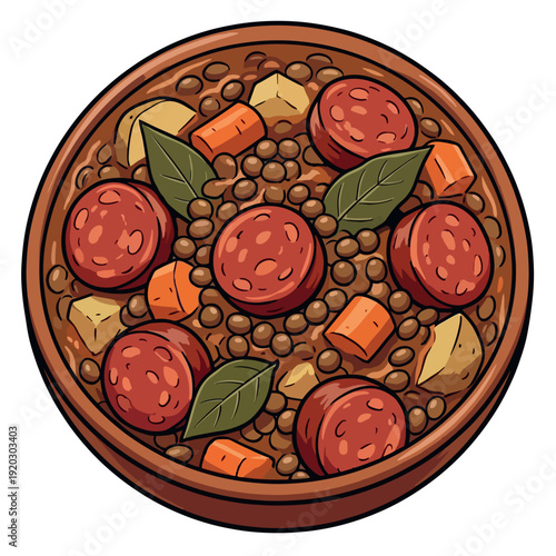 Lentejas con chorizo. Rustic Spanish Lentil Stew with Chorizo Vector Illustration
