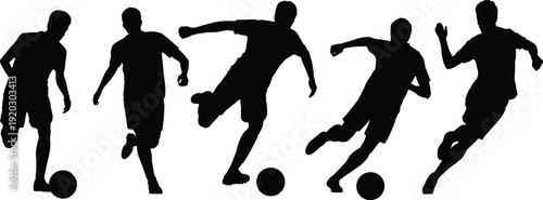 Soccer player silhouettes set with football action poses, dribbling and kicking ball, sport athlete vector illustration isolated on white background